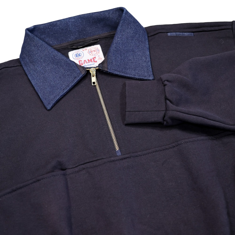 GAME WORKWEAR Men's L EMT Paramedic Fire Dept 1/4 Zip Denim Collar Elbow Accents